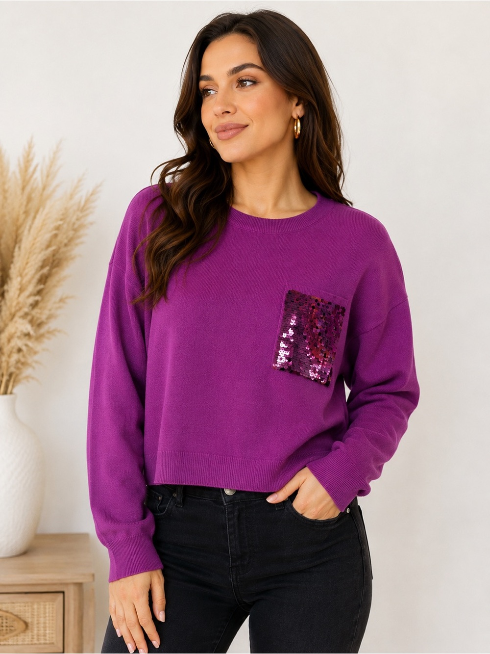 DKNY Purple Sequin Pocket Crewneck Sweatshirt